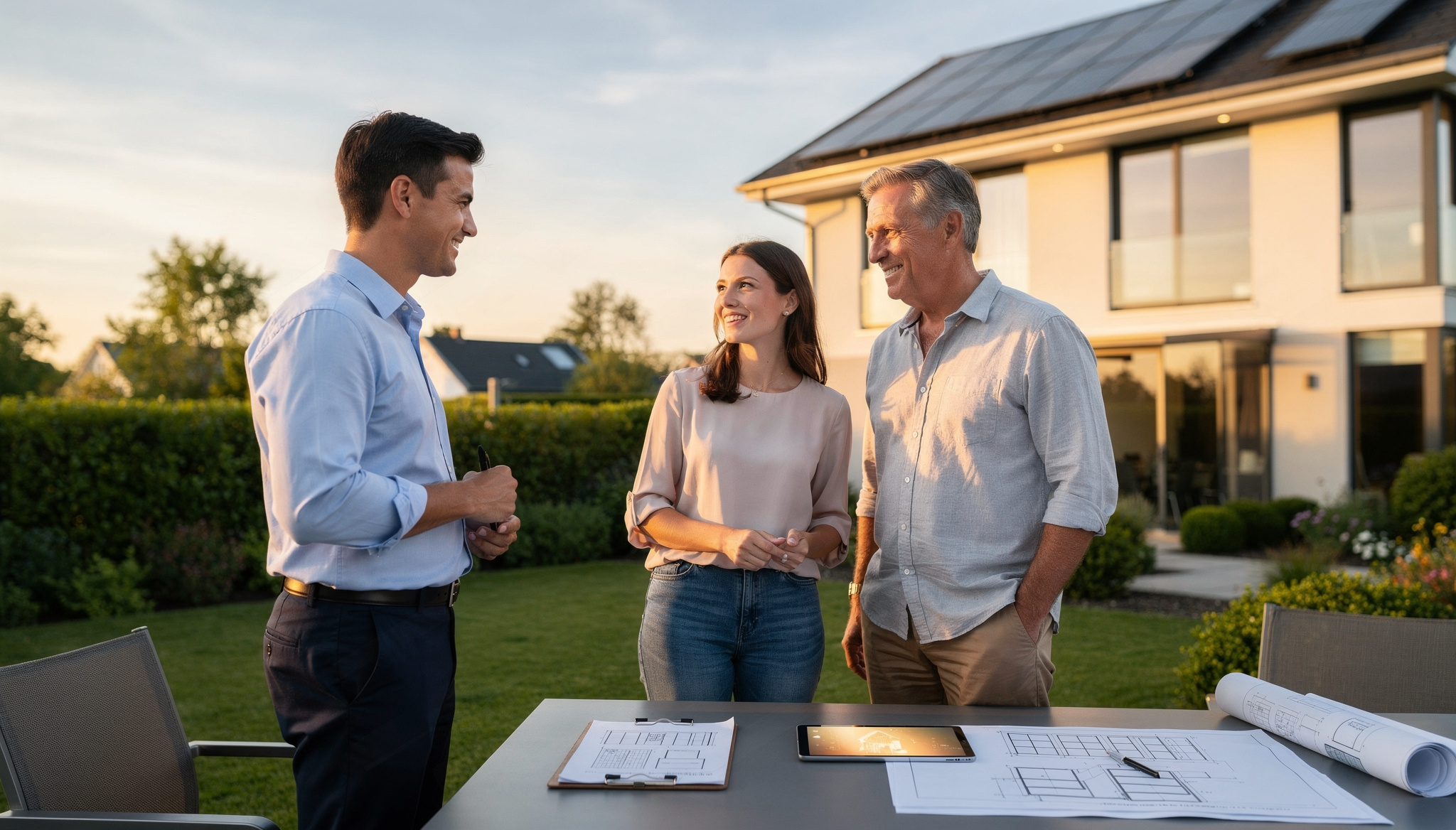 Solar company story illustration with planning desk, consultation tools, and a modern house
