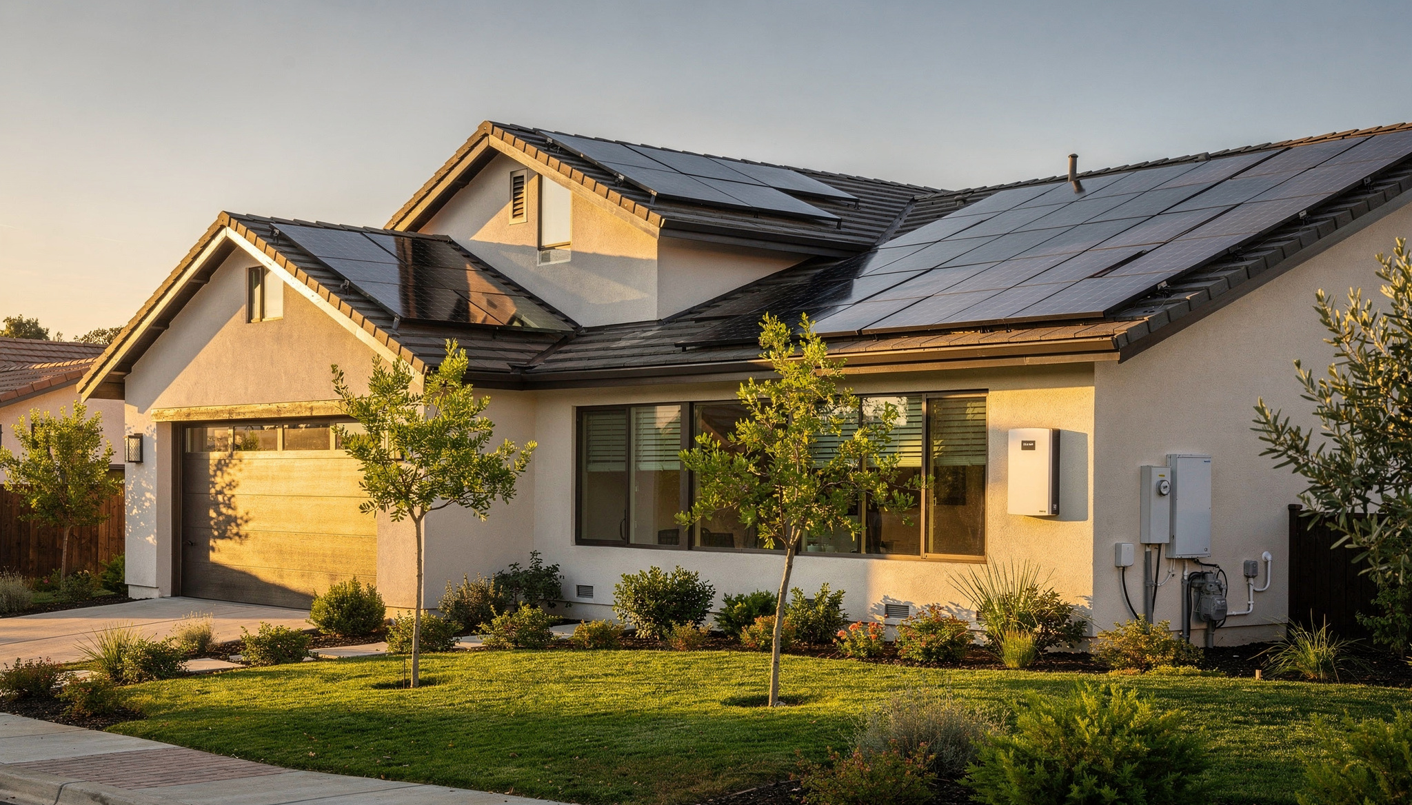 Solar home scene with battery storage, modern roofline, and landscaped yard
