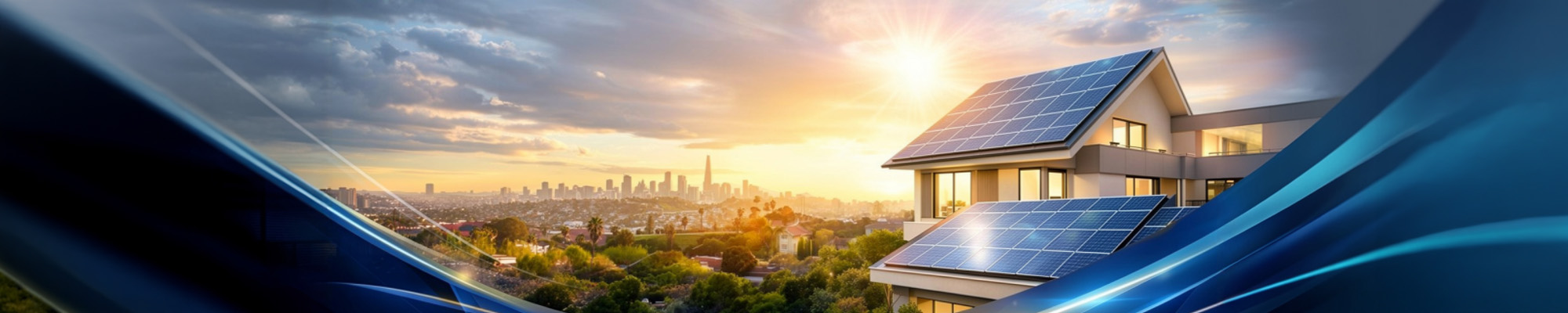 Panoramic solar neighborhood banner with modern homes, clean rooftops, and warm sunlight