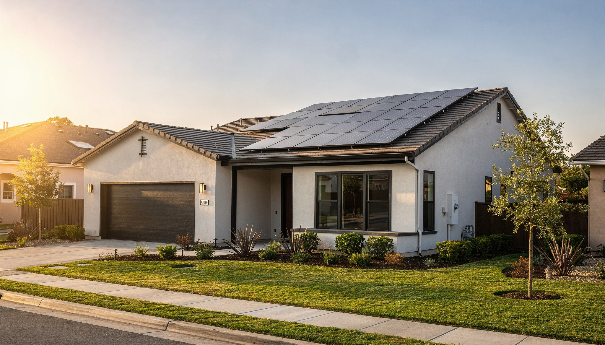 Modern house with solar panels, trees, and bright morning light
