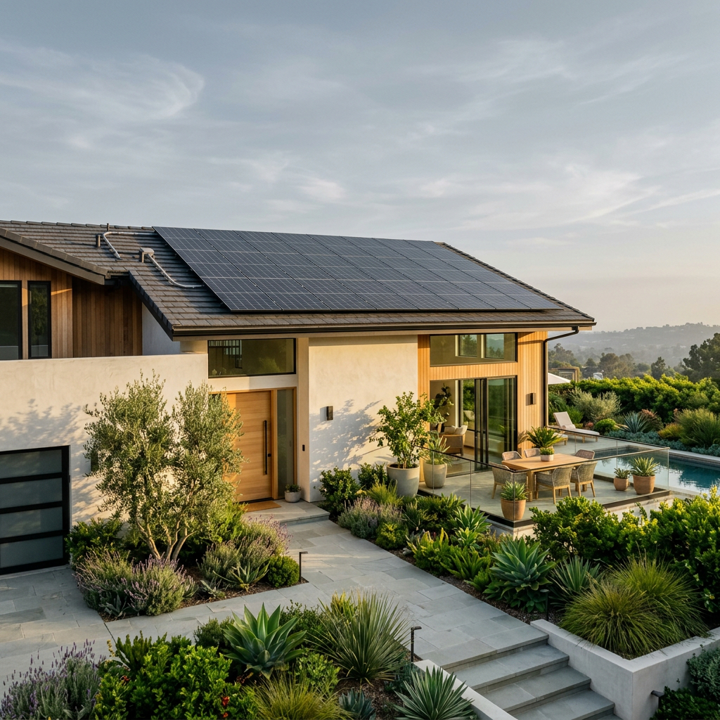 Residential solar showcase illustration with clean rooflines and panel arrays